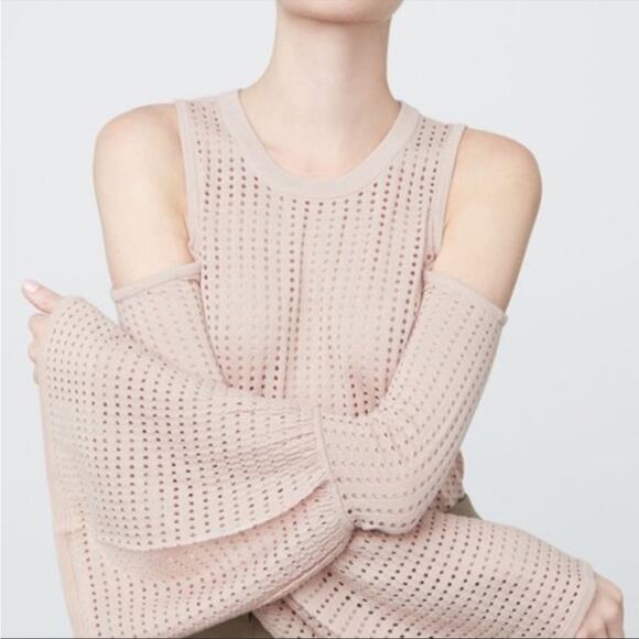BCBGMAXAZRIA Lucia Cold Shoulder Eyelet Knit Sweater Top Bare Pink SZ XS NWT - Picture 1 of 11
